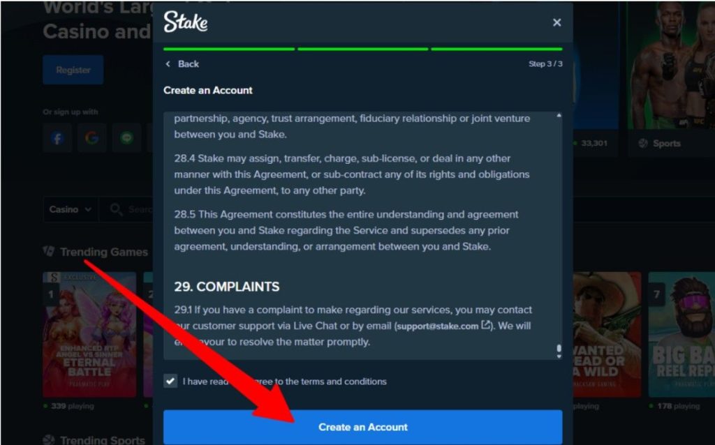  stake Agree terms and conditions