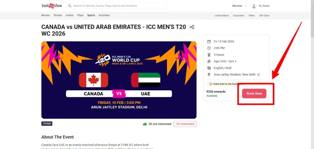 Canada vs UAE T20 World Cup 2026 Tickets Canada vs UAE T20 World Cup 2026 Tickets