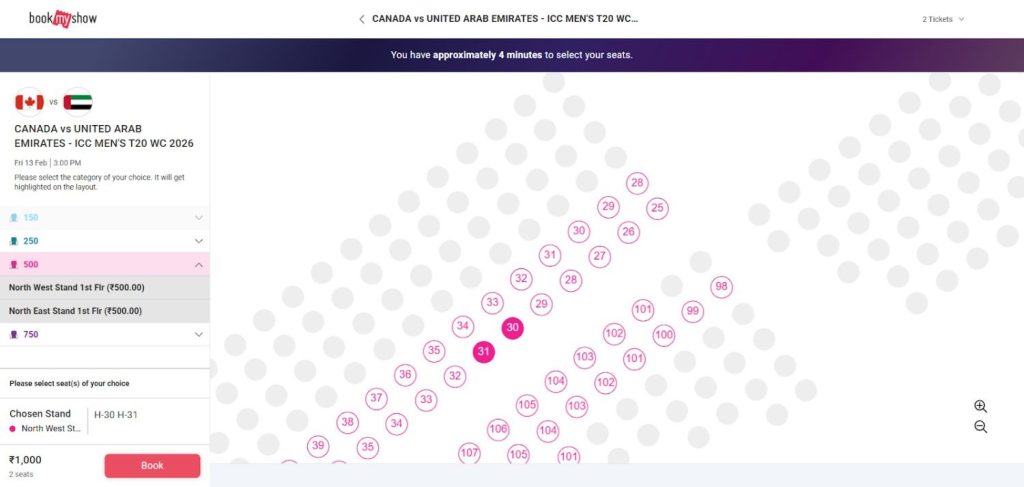 Choose Your Seats For Canada vs UAE T20 World Cup 2026 Match Choose Your Seats For Canada vs UAE T20 World Cup 2026 Match