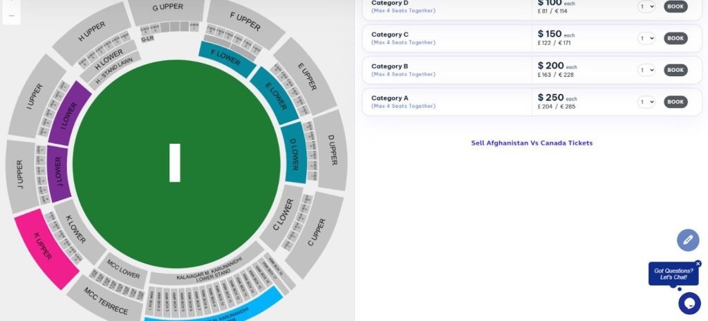 Ticket Category For Canada vs Afghanistan T20 WC 2026 Ticket Category For Canada vs Afghanistan T20 WC 2026